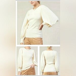 Boho Ruffle Knit Popover Soft Stretch Long Pleated Sleeve Sweater New